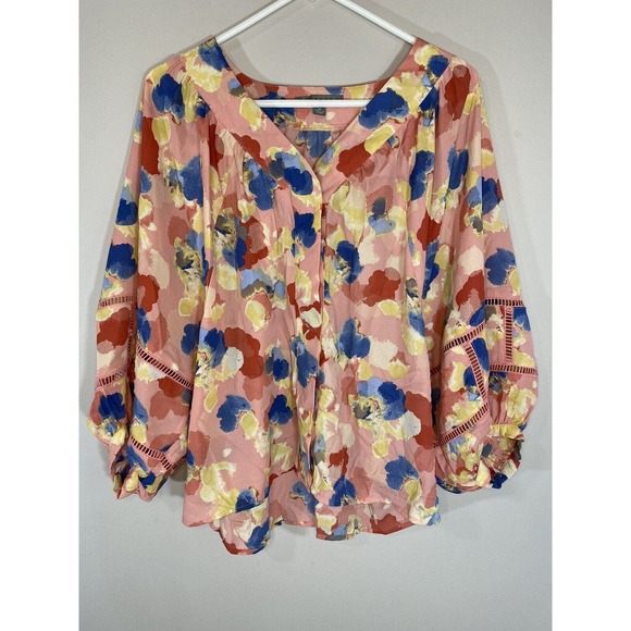 Shargano Womens MEDIUM Colorful Abstract Balloon Sleeves V Neck Button Up Blouse - Picture 1 of 11